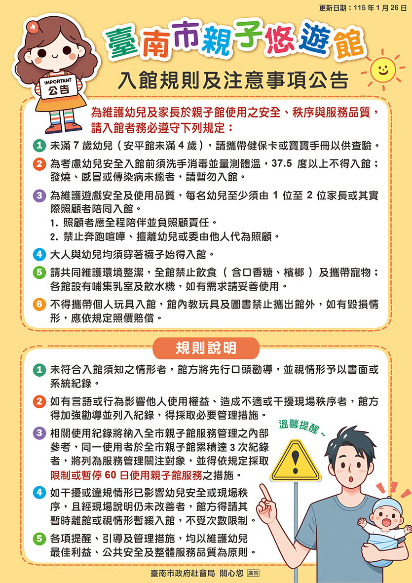 臺南市親子悠遊館入館規則及注意事項公告圖片